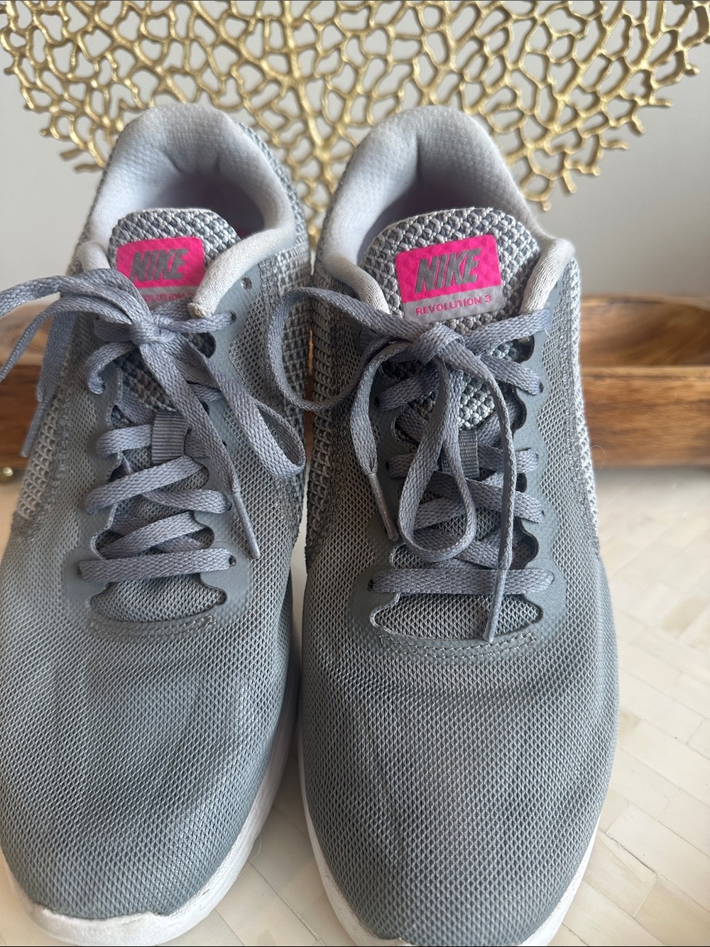 Nike Revolution 3 Women’s Light Gray Mesh Athletic Shoes with Pink Logo